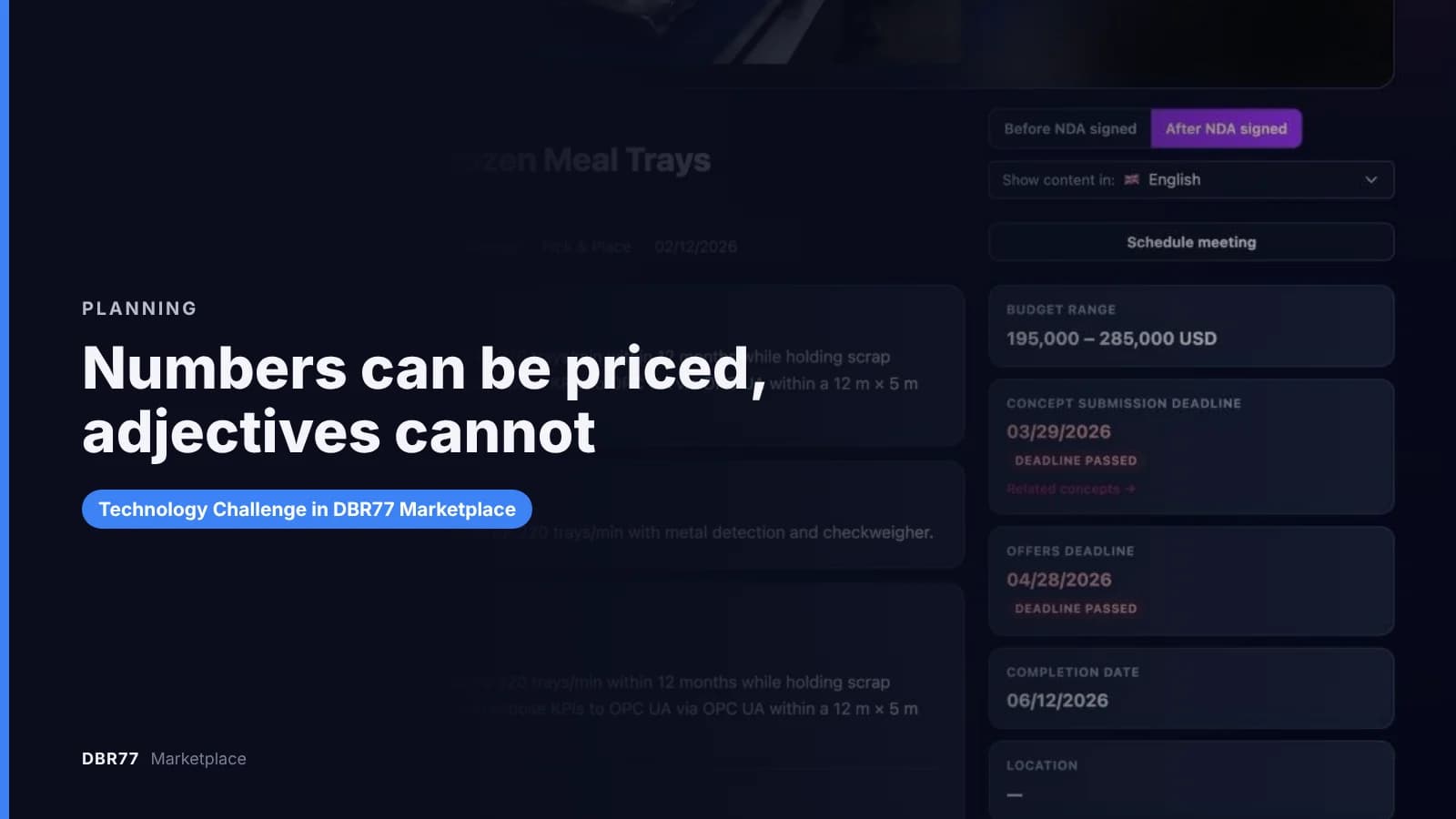 Numbers can be priced, adjectives cannot. Technology Challenge in DBR77 Marketplace