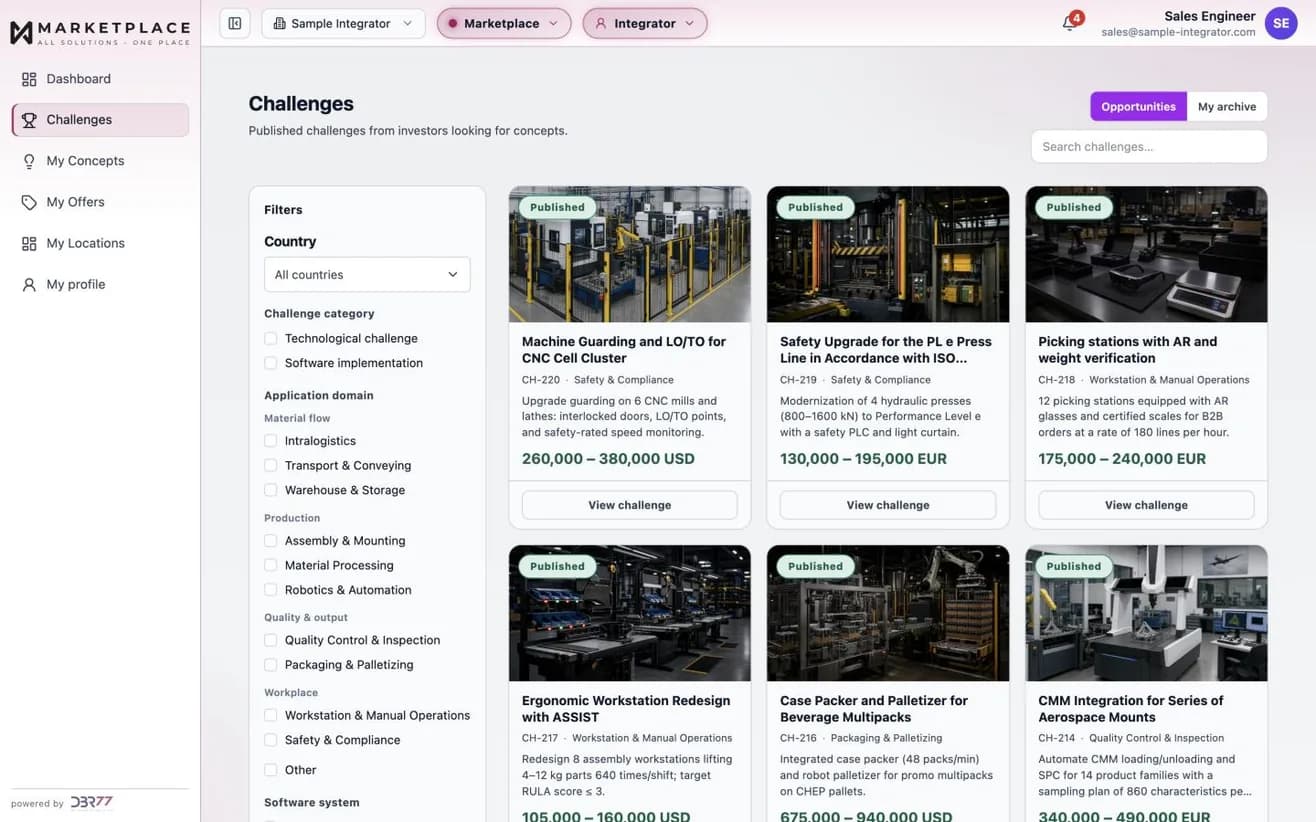 The integrator view in DBR77 Marketplace: published challenges with budget ranges, filterable by country, category and application area. Sample data.