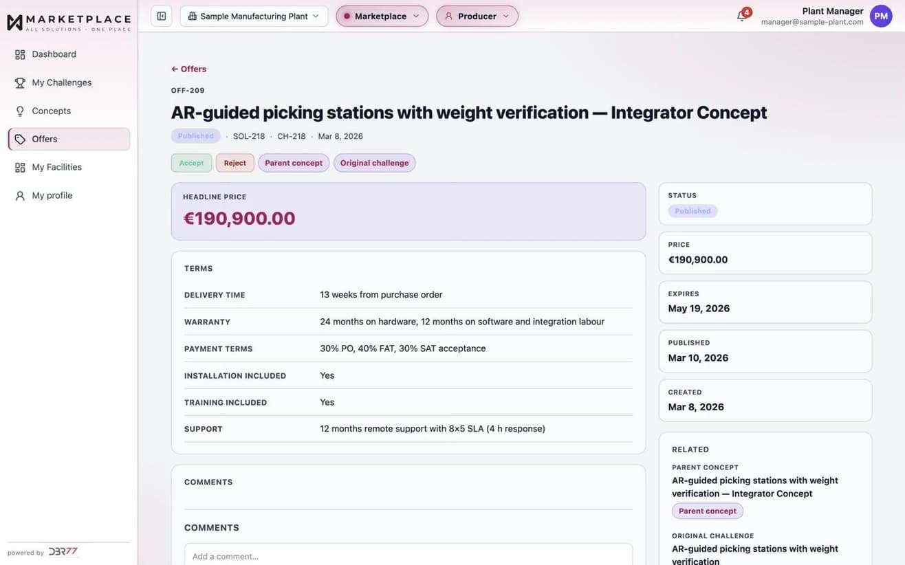 One offer's terms in DBR77 Marketplace: delivery time, warranty, payment terms (30% PO, 40% FAT, 30% SAT), installation, training and support. Sample data.