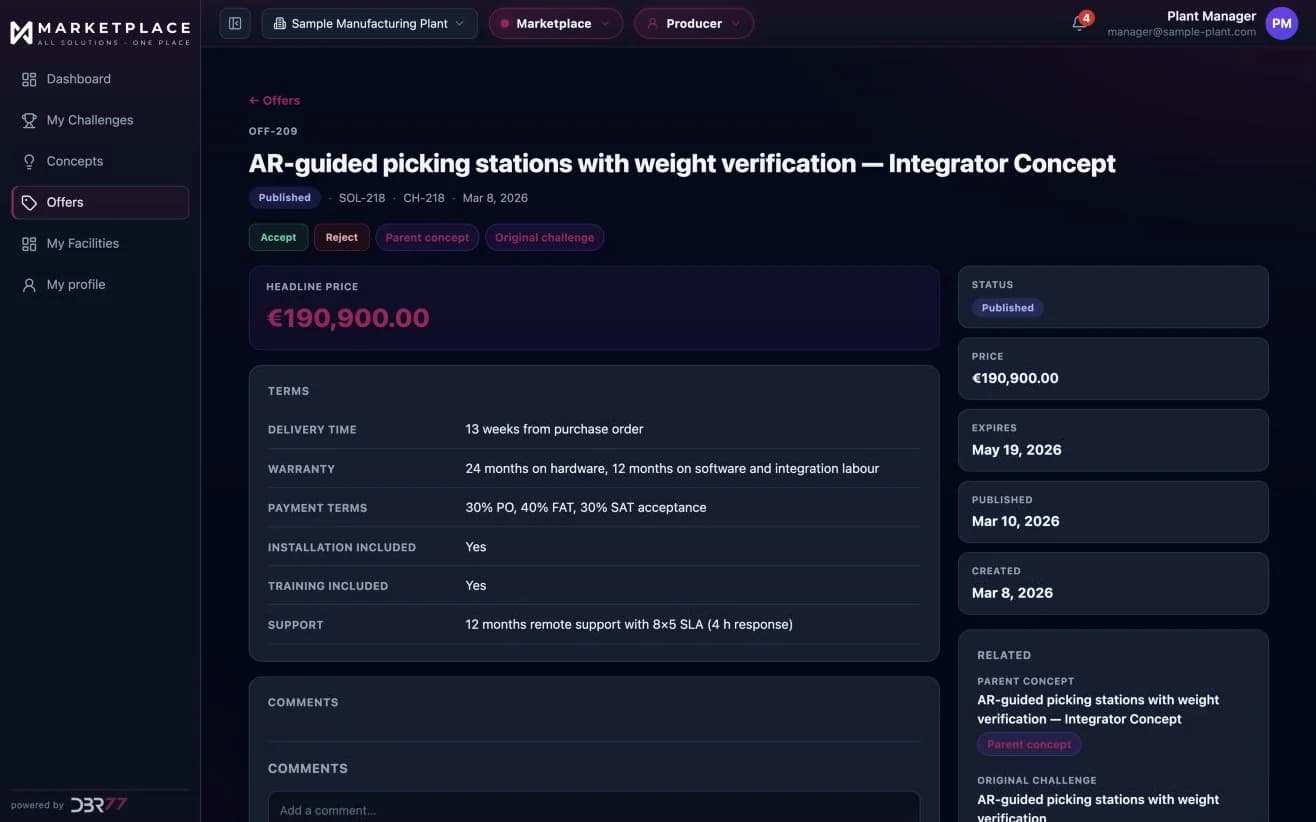 One offer's terms in DBR77 Marketplace: delivery time, warranty, payment terms (30% PO, 40% FAT, 30% SAT), installation, training and support. Sample data.