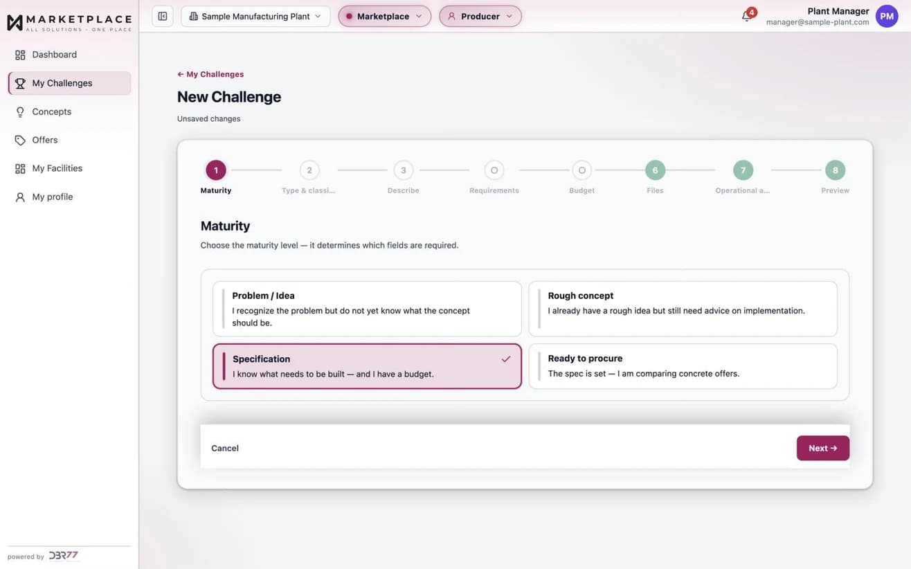 Creating a Technology Challenge in DBR77 Marketplace: the first of eight steps sets the project's maturity, which decides the required fields. Sample data.