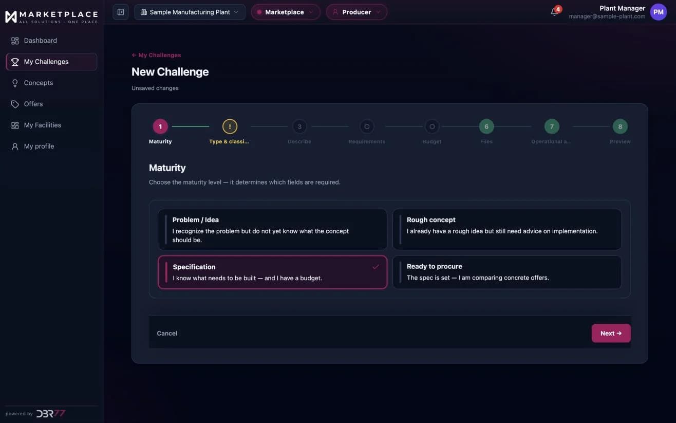 Creating a Technology Challenge in DBR77 Marketplace: the first of eight steps sets the project's maturity, which decides the required fields. Sample data.