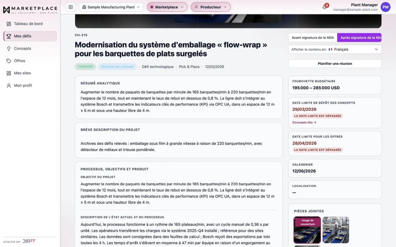 Un Technology Challenge publié : synthèse, fourchette budgétaire et échéances pour les concepts et les offres, avec des vues distinctes avant et après la signature du NDA. Données d'exemple.