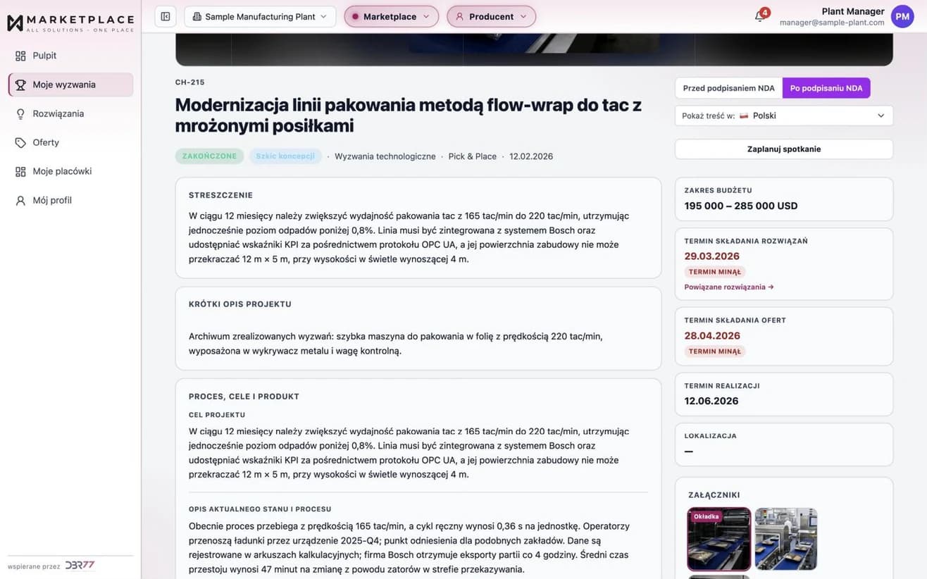 Opublikowany Technology Challenge: podsumowanie, przedział budżetu i terminy na koncepcje oraz oferty, z osobnym widokiem przed podpisaniem NDA i po nim. Dane przykładowe.