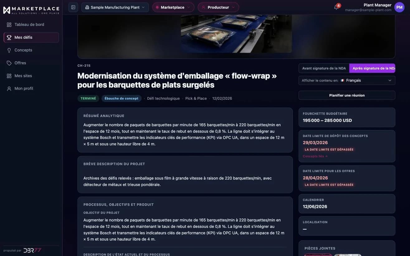 Un Technology Challenge publié : synthèse, fourchette budgétaire et échéances pour les concepts et les offres, avec des vues distinctes avant et après la signature du NDA. Données d'exemple.