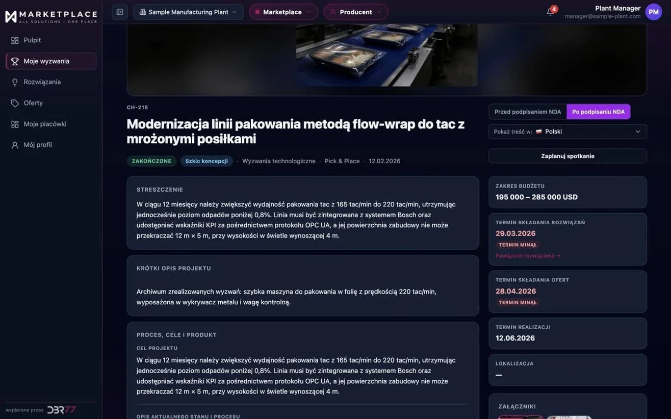 Opublikowany Technology Challenge: podsumowanie, przedział budżetu i terminy na koncepcje oraz oferty, z osobnym widokiem przed podpisaniem NDA i po nim. Dane przykładowe.