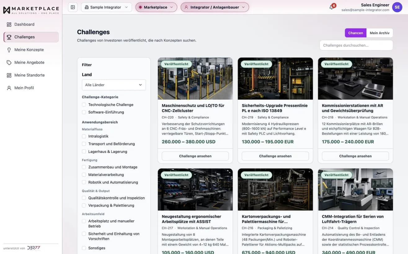 Die Integratoransicht im DBR77 Marketplace: veröffentlichte Challenges mit Budgetrahmen, filterbar nach Land, Kategorie und Anwendungsbereich. Beispieldaten.