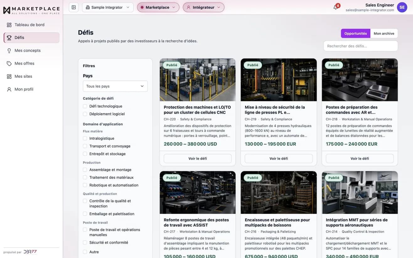 La vue de l'intégrateur sur DBR77 Marketplace : challenges publiés avec leur fourchette budgétaire, filtrables par pays, catégorie et domaine d'application. Données d'exemple.