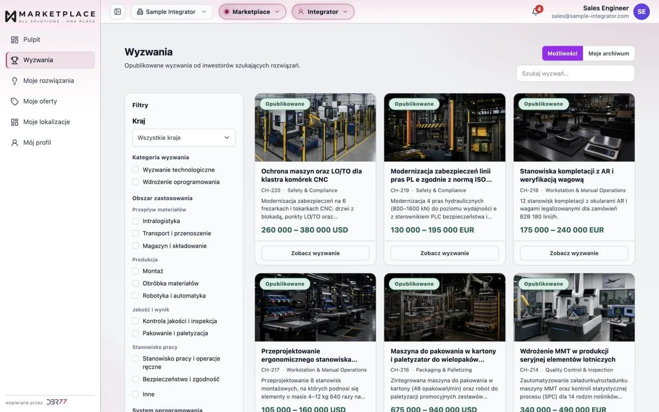 Widok integratora w DBR77 Marketplace: opublikowane wyzwania z przedziałami budżetu, z filtrami według kraju, kategorii i obszaru zastosowania. Dane przykładowe.