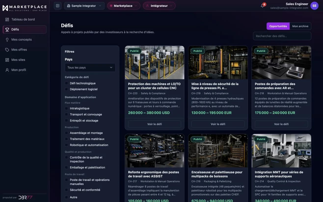 La vue de l'intégrateur sur DBR77 Marketplace : challenges publiés avec leur fourchette budgétaire, filtrables par pays, catégorie et domaine d'application. Données d'exemple.