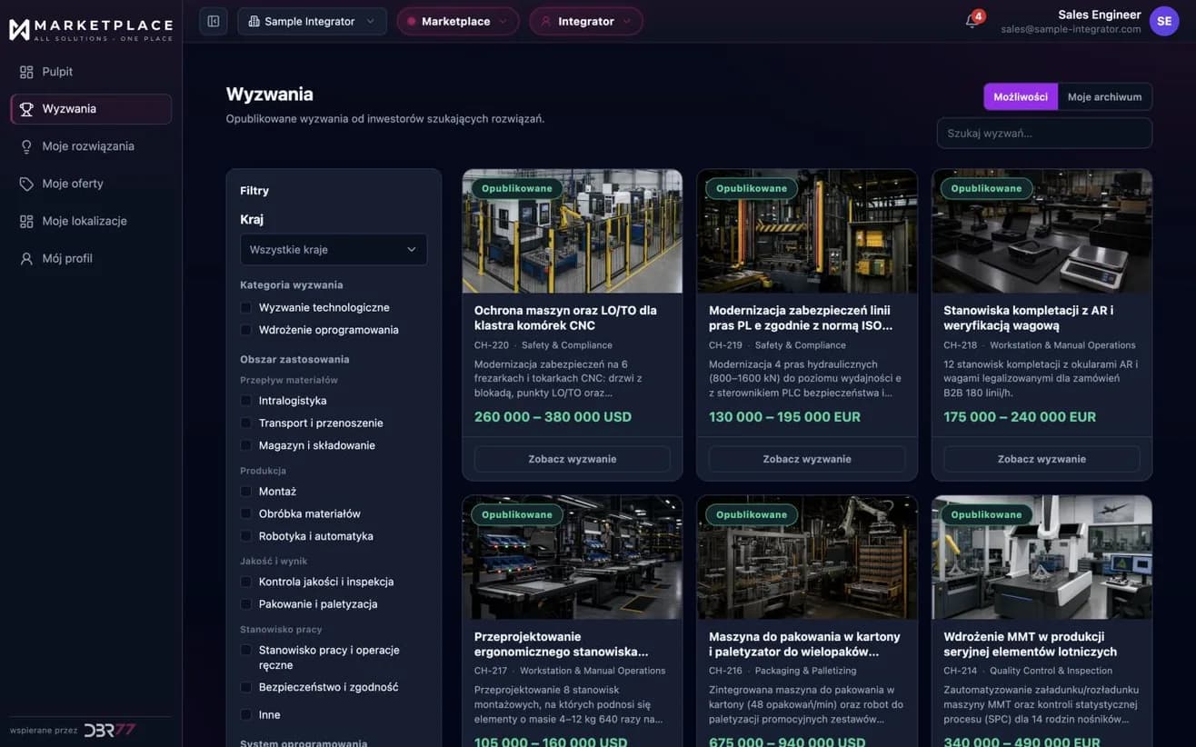 Widok integratora w DBR77 Marketplace: opublikowane wyzwania z przedziałami budżetu, z filtrami według kraju, kategorii i obszaru zastosowania. Dane przykładowe.