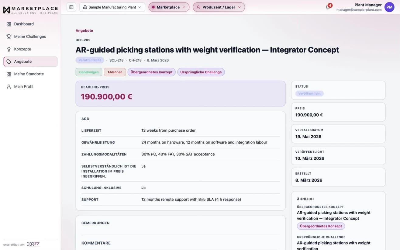 Die Bedingungen eines Angebots im DBR77 Marketplace: Lieferzeit, Gewährleistung, Zahlungsbedingungen (30 % bei Bestellung, 40 % nach FAT, 30 % nach SAT), Installation, Schulung und Support. Beispieldaten.