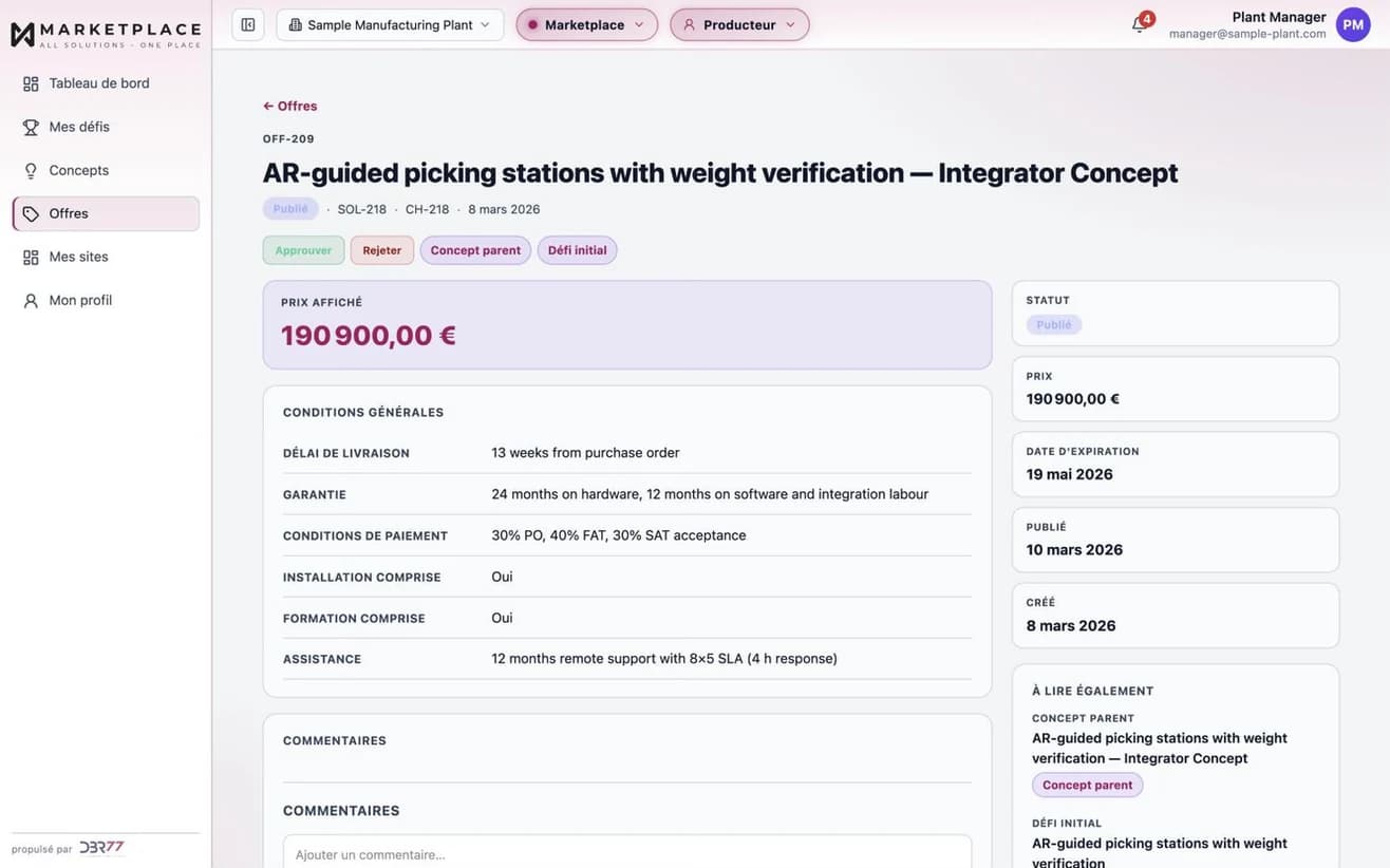 Les conditions d'une offre sur DBR77 Marketplace : délai de livraison, garantie, conditions de paiement (30 % à la commande, 40 % après FAT, 30 % après SAT), installation, formation et support. Données d'exemple.