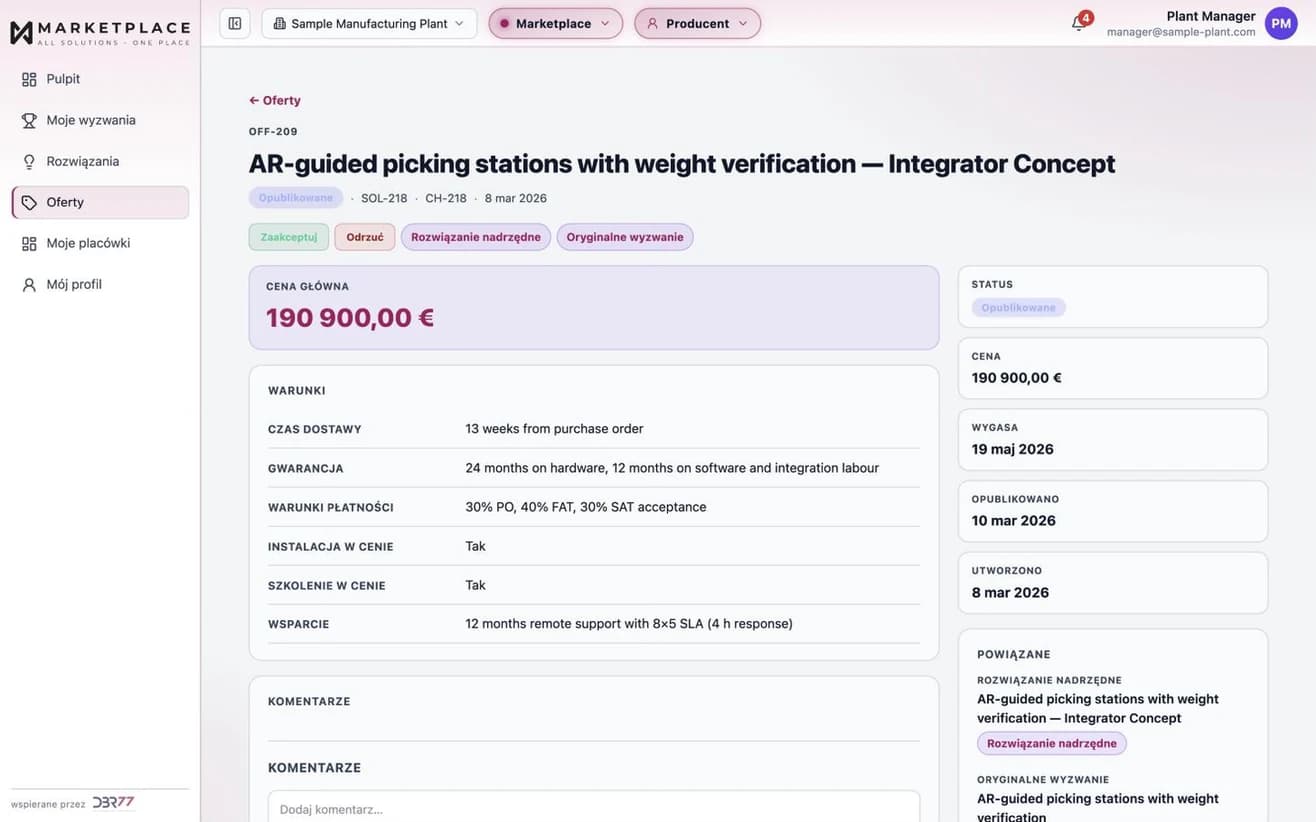 Warunki jednej oferty w DBR77 Marketplace: czas dostawy, gwarancja, warunki płatności (30% przy zamówieniu, 40% po FAT, 30% po SAT), instalacja, szkolenie i wsparcie. Dane przykładowe.