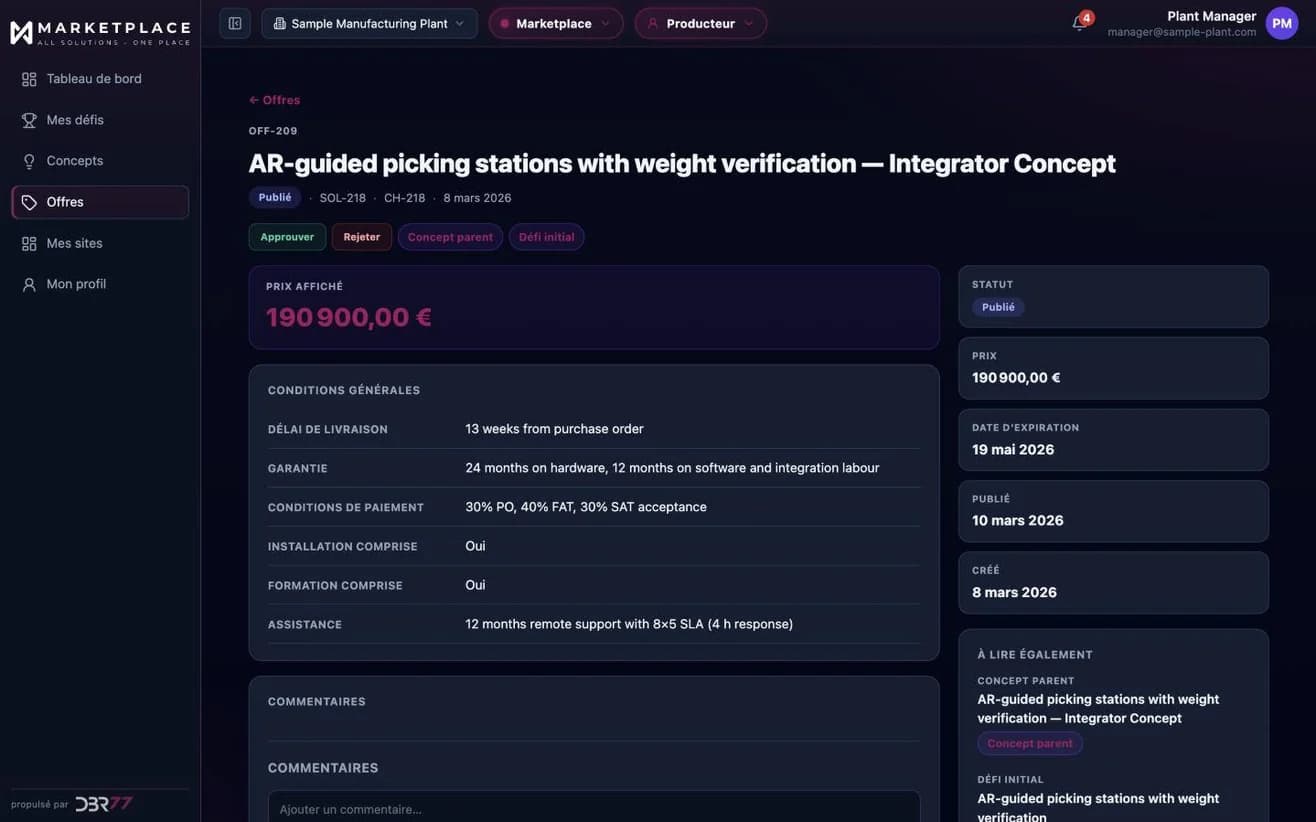 Les conditions d'une offre sur DBR77 Marketplace : délai de livraison, garantie, conditions de paiement (30 % à la commande, 40 % après FAT, 30 % après SAT), installation, formation et support. Données d'exemple.