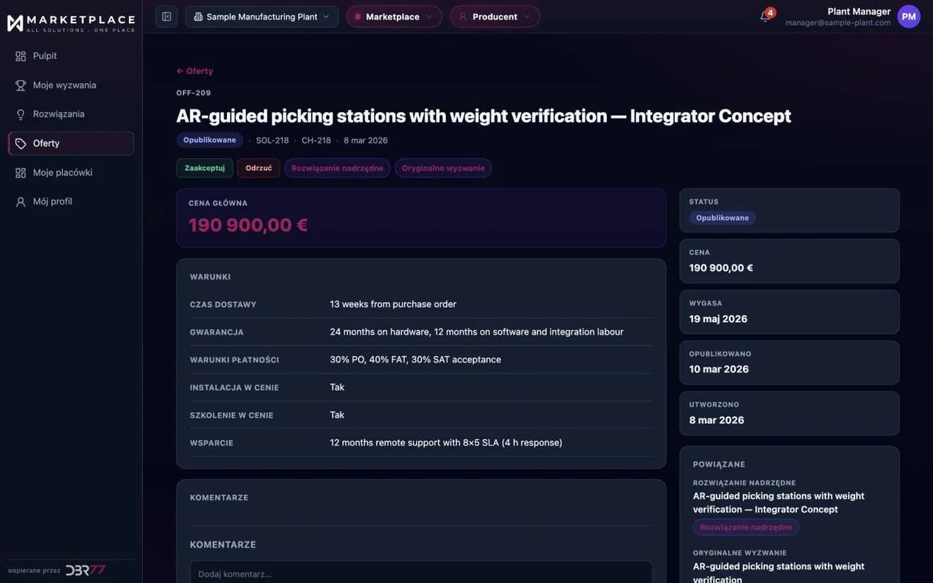 Warunki jednej oferty w DBR77 Marketplace: czas dostawy, gwarancja, warunki płatności (30% przy zamówieniu, 40% po FAT, 30% po SAT), instalacja, szkolenie i wsparcie. Dane przykładowe.