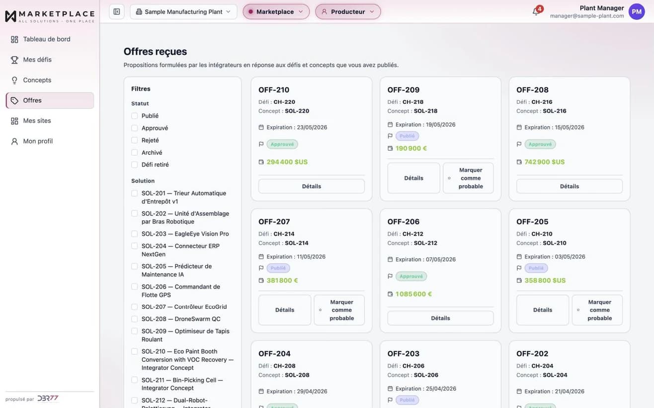 Offres reçues sur DBR77 Marketplace, chacune liée à son challenge et à son concept, avec statut, date de validité et prix. Données d'exemple.