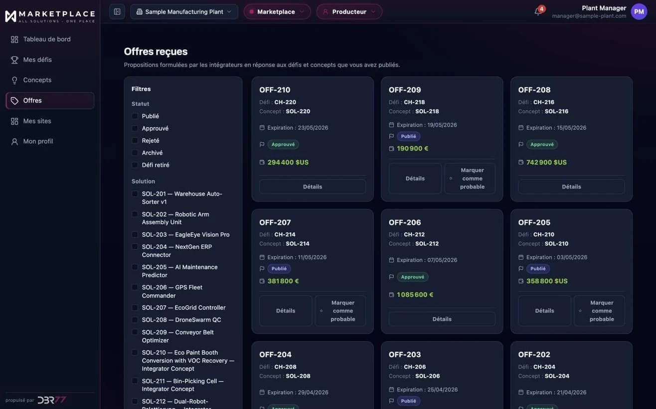 Offres reçues sur DBR77 Marketplace, chacune liée à son challenge et à son concept, avec statut, date de validité et prix. Données d'exemple.