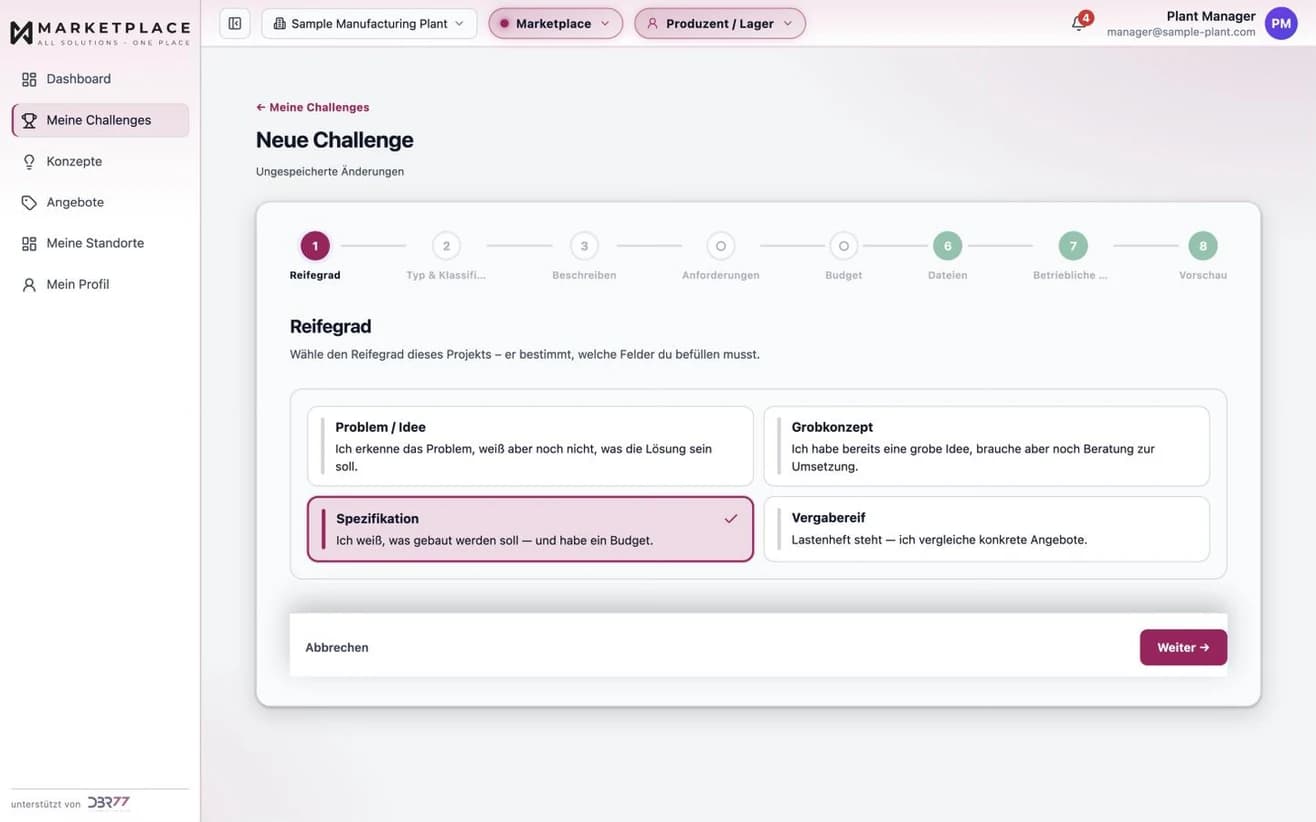 Anlegen einer Technology Challenge im DBR77 Marketplace: Der erste von acht Schritten legt den Reifegrad des Projekts fest und damit die Pflichtfelder. Beispieldaten.