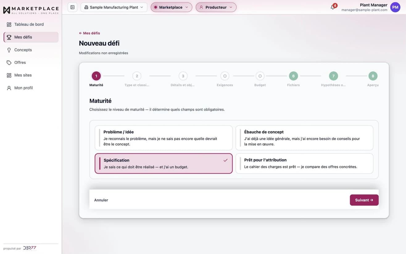 Création d'un Technology Challenge sur DBR77 Marketplace : la première des huit étapes fixe la maturité du projet, qui détermine les champs obligatoires. Données d'exemple.
