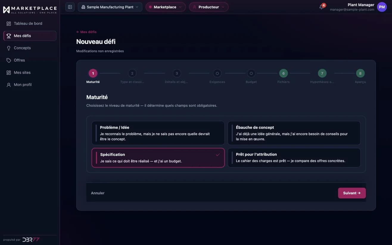 Création d'un Technology Challenge sur DBR77 Marketplace : la première des huit étapes fixe la maturité du projet, qui détermine les champs obligatoires. Données d'exemple.
