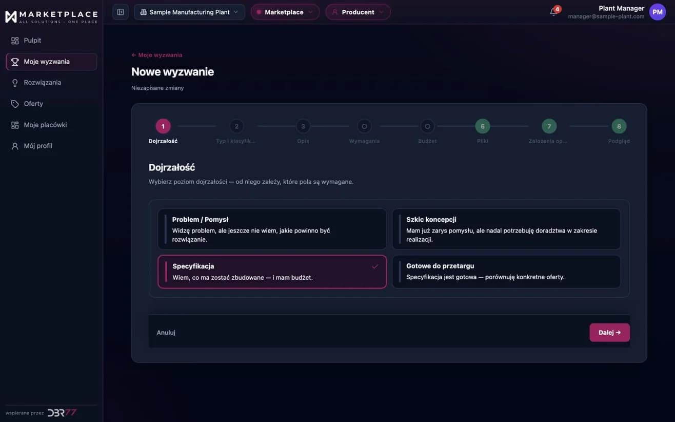Tworzenie Technology Challenge w DBR77 Marketplace: pierwszy z ośmiu kroków określa dojrzałość projektu, od której zależą pola obowiązkowe. Dane przykładowe.